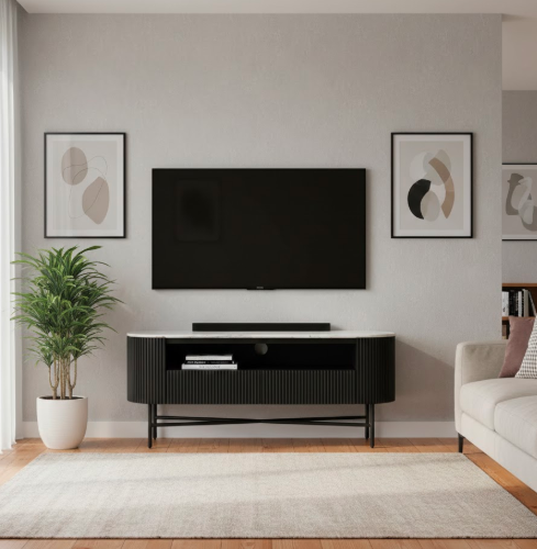 Black TV stand with white marble top on a white background