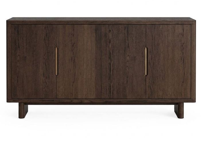 Dark wood cabinet with four doors on a white background