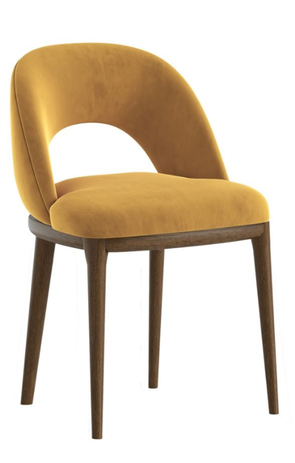 Mustard yellow chair with wooden legs on a white background