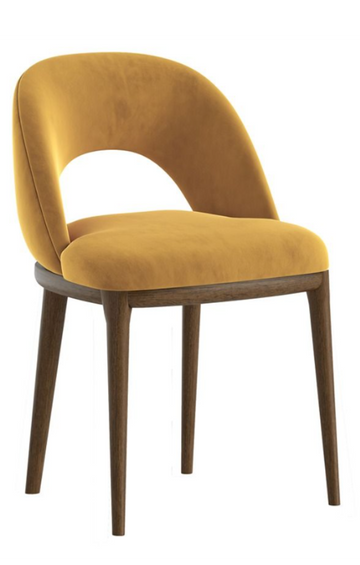 Mustard yellow chair with wooden legs on a white background