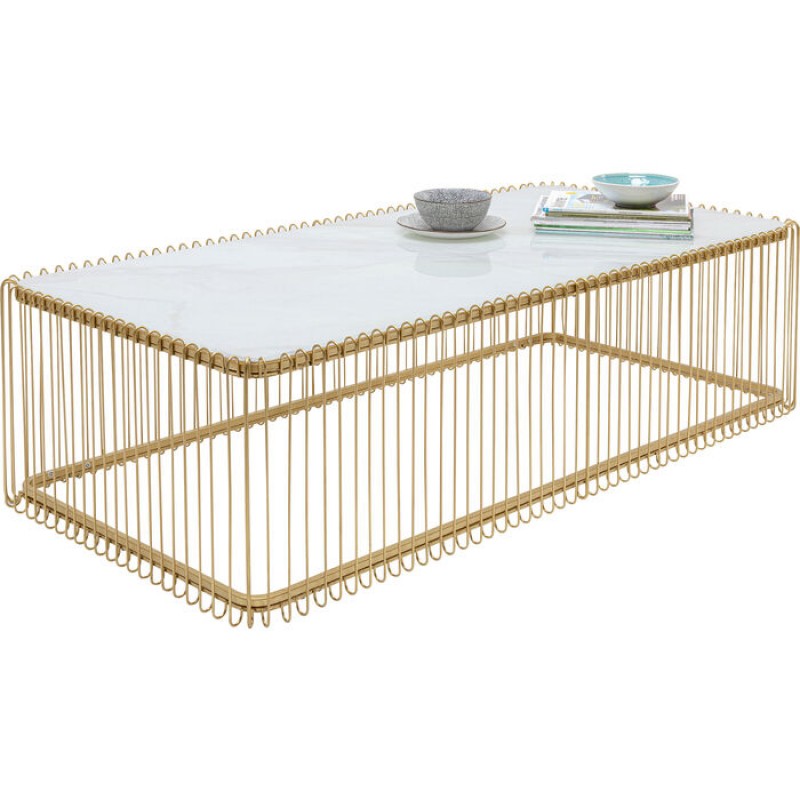 Coffee Table Wire Glass Marble White 145x70cm
