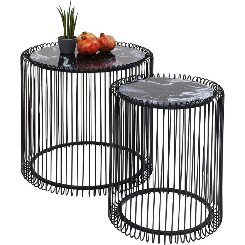 Side Table Wire Marble Glass Black (2/Set) Ø44cm